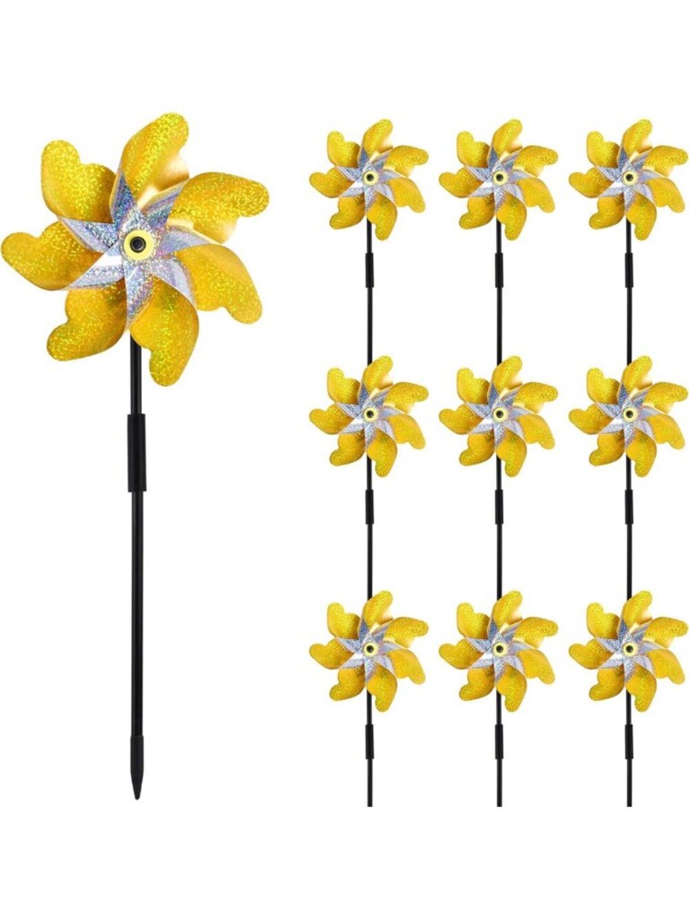 10 Pack Reflective Pinwheels - 19.7" Gold & Silver Garden Decor for Scaring